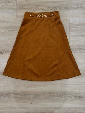 NWT Marc New York Brown Faux Suede Western Business Skirt Gold Buckle Detail